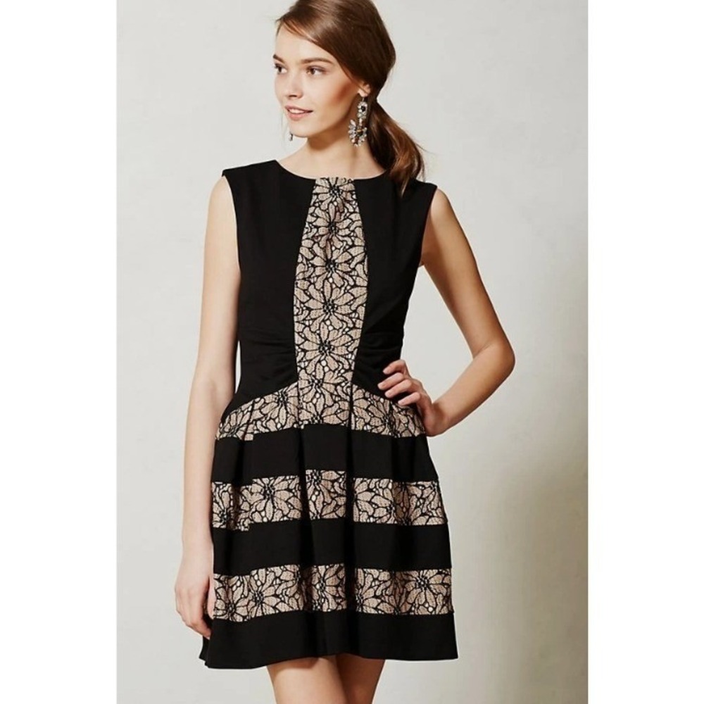 Eva Franco Anthropologie Black Tan Lace Fit Flare Dress Sleeveless Mini Size 2